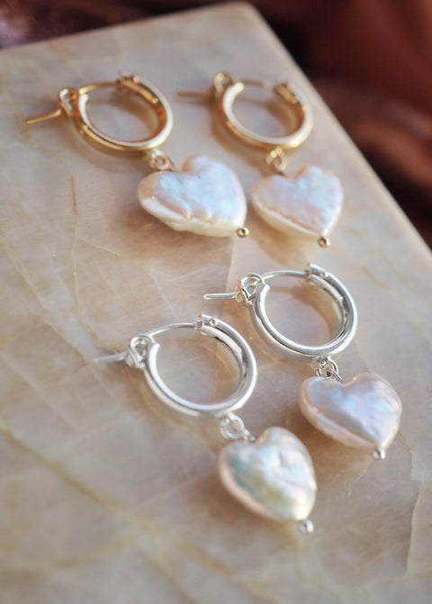 Moonlight Pearl Heart Hoop Earrings