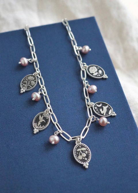 Five Mantra Charm Necklace - Sterling Silver