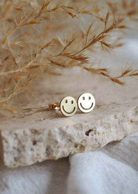 14k Gold - Smiley Face Stud Earrings - Earring - LanaBetty