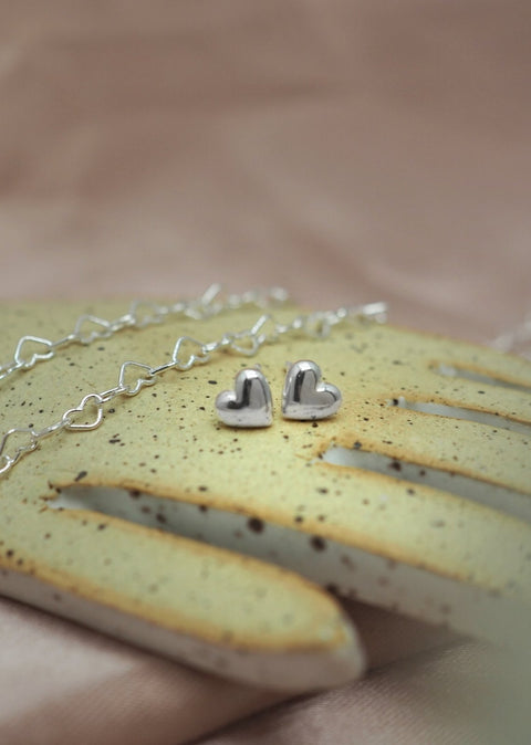 Puffed Heart Stud Earrings - Silver - Earring - LanaBetty